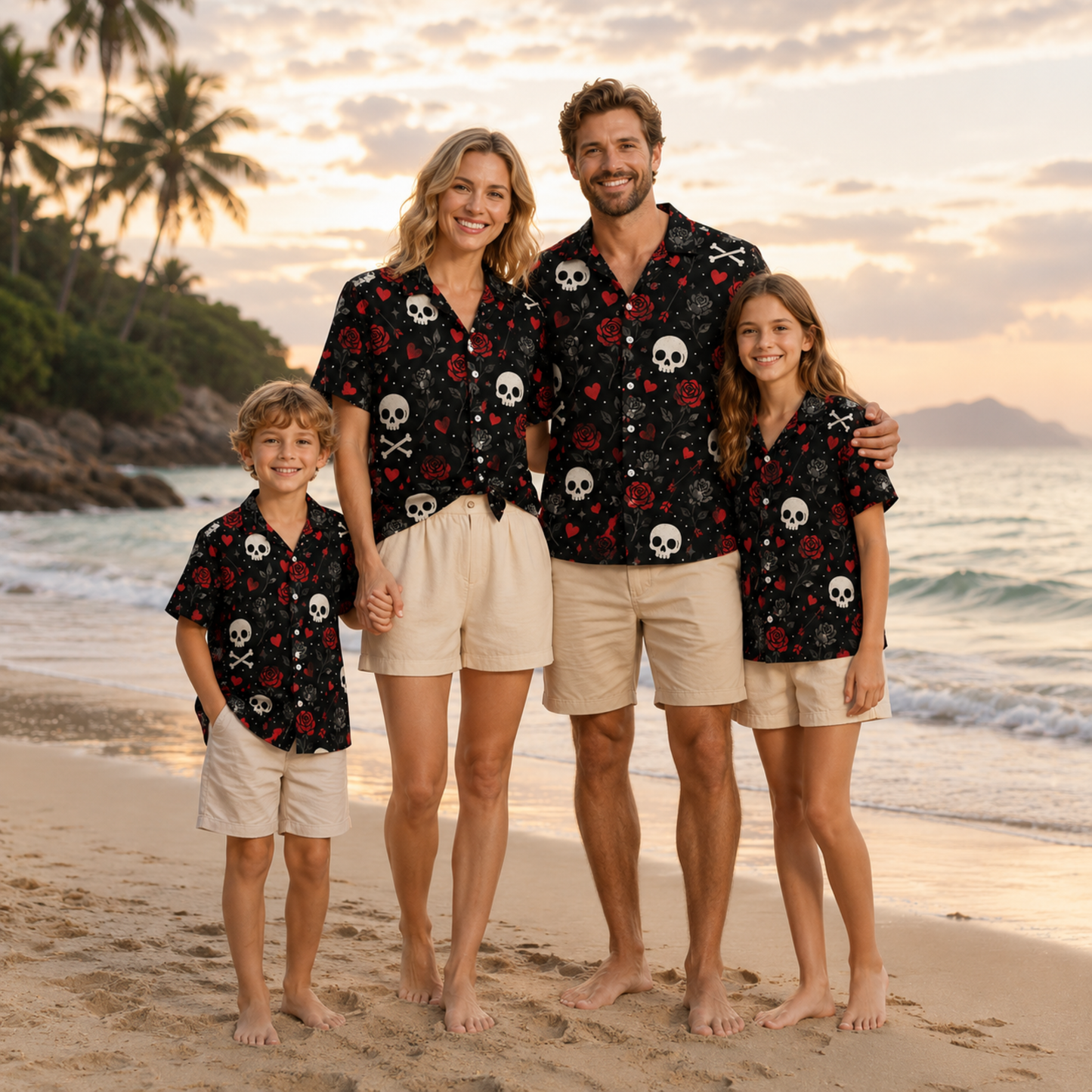HW-M391-Gothic Skull Red Rose Hawaiian Shirt Dark Romance Black Button Down Alternative Camp Collar