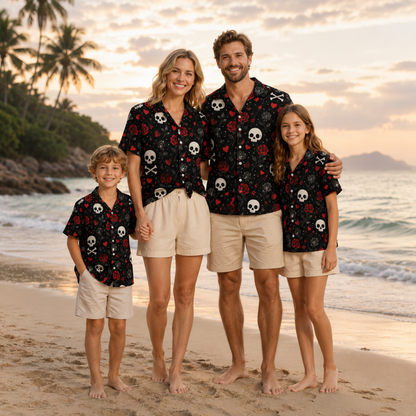 HW-M391-Gothic Skull Red Rose Hawaiian Shirt Dark Romance Black Button Down Alternative Camp Collar