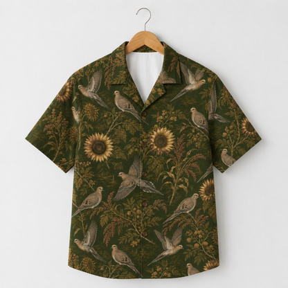 HW-M866-Vintage Sunflower Dove Botanical Hawaiian Shirt Dark Green Nature Resort Vacation