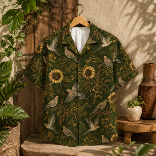 HW-M866-Vintage Sunflower Dove Botanical Hawaiian Shirt Dark Green Nature Resort Vacation