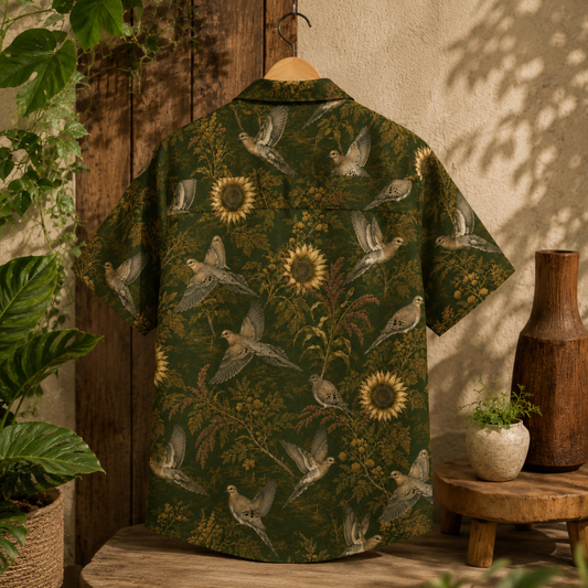 HW-M866-Vintage Sunflower Dove Botanical Hawaiian Shirt Dark Green Nature Resort Vacation