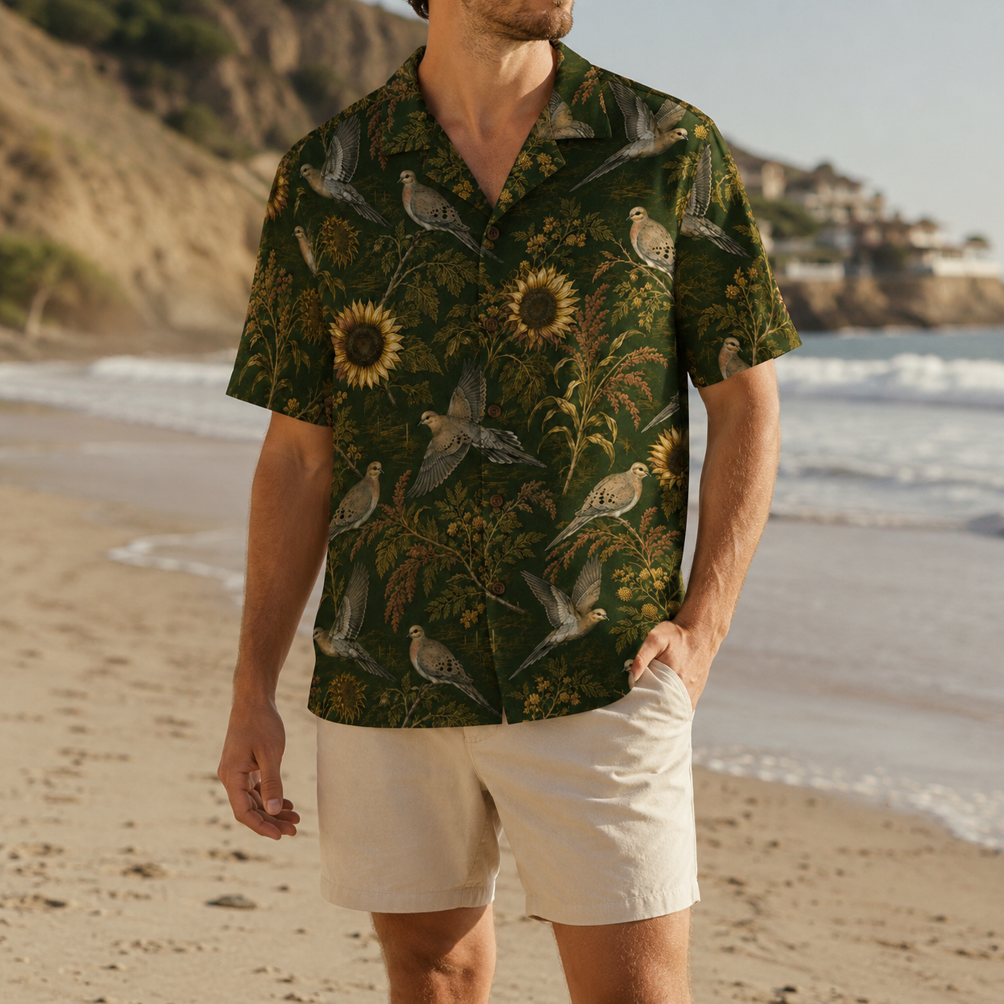 HW-M866-Vintage Sunflower Dove Botanical Hawaiian Shirt Dark Green Nature Resort Vacation