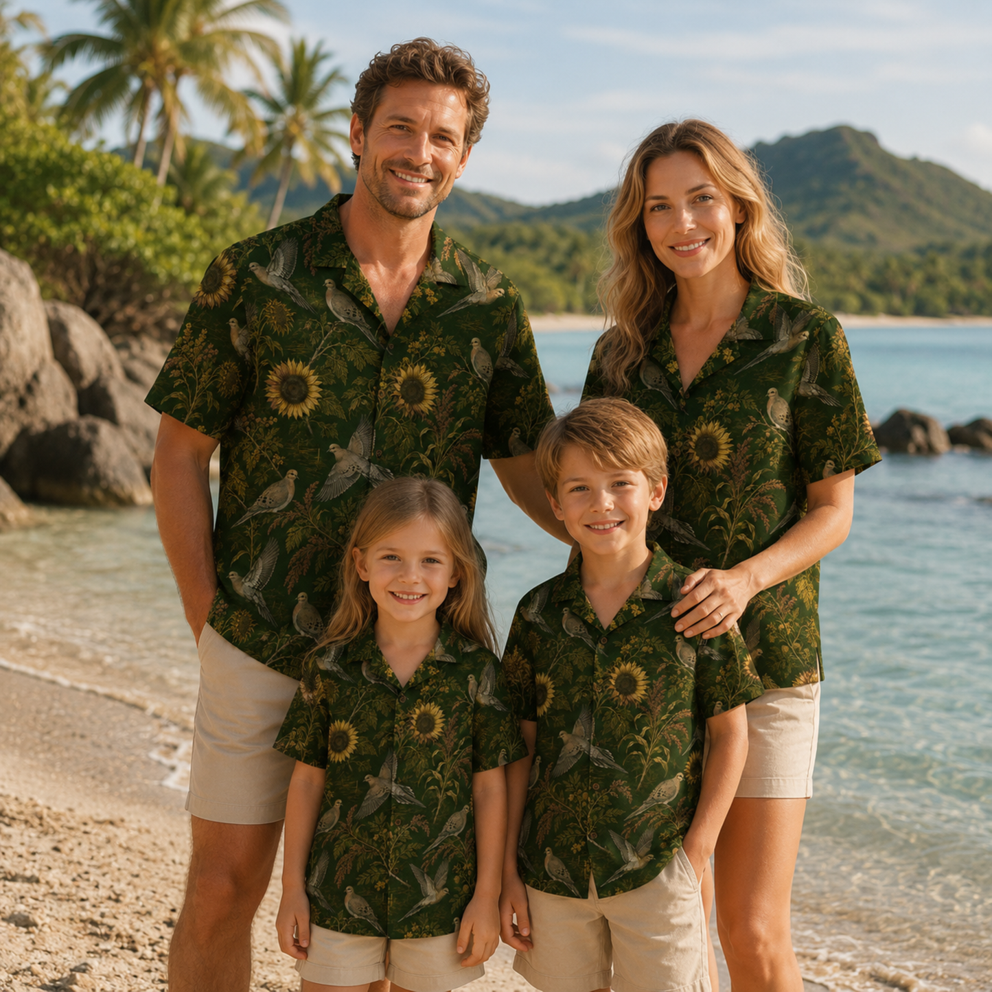 HW-M866-Vintage Sunflower Dove Botanical Hawaiian Shirt Dark Green Nature Resort Vacation