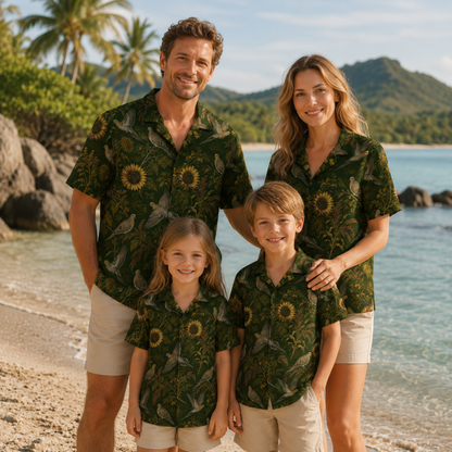 HW-M866-Vintage Sunflower Dove Botanical Hawaiian Shirt Dark Green Nature Resort Vacation