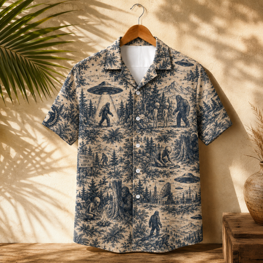HW-M966-Vintage Cryptid Hawaiian Shirt with Bigfoot Alien UFO and Mysterious Paranormal Pattern for Outdoor Adventure Wear