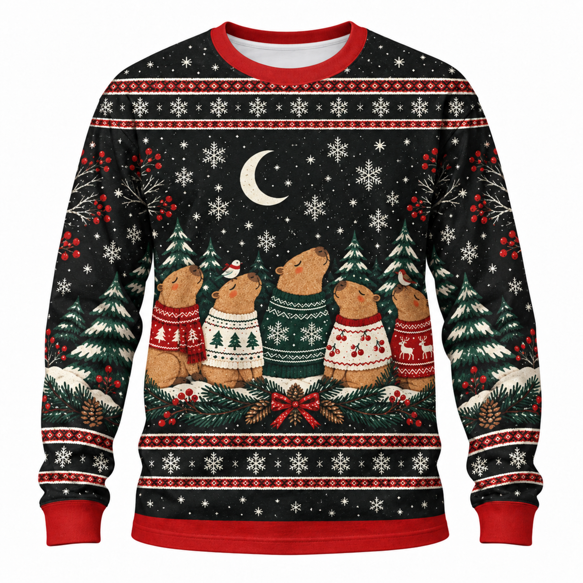 M2082-Christmas Capybara Ugly Sweater, Cozy Winter Snowflake Holiday Capybara Lover Gift