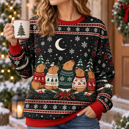 M2082-Christmas Capybara Ugly Sweater, Cozy Winter Snowflake Holiday Capybara Lover Gift
