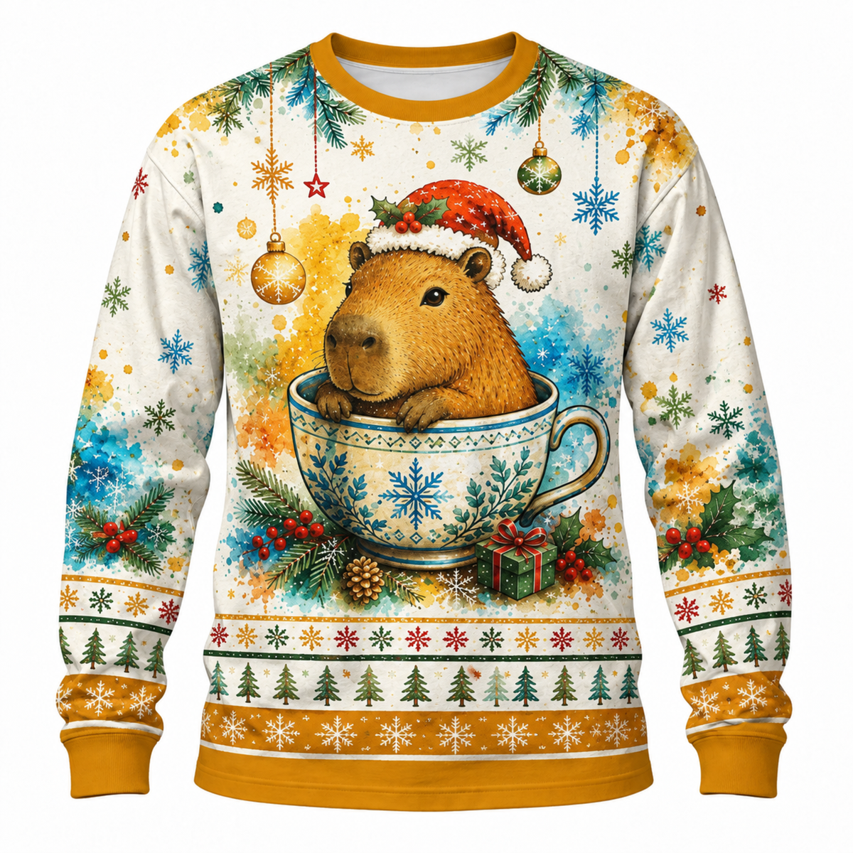 M2083-Christmas Capybara Tea Cup, Santa Hat Snowflake Cozy Winter Holiday Animal Design