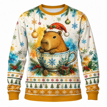 M2083-Christmas Capybara Tea Cup, Santa Hat Snowflake Cozy Winter Holiday Animal Design