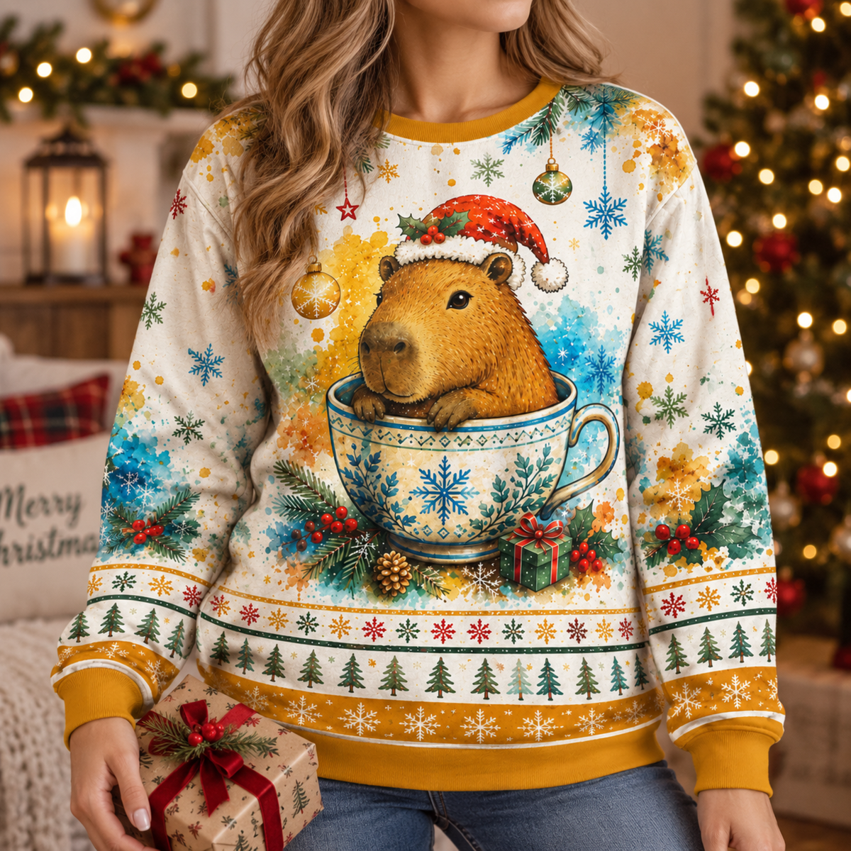 M2083-Christmas Capybara Tea Cup, Santa Hat Snowflake Cozy Winter Holiday Animal Design