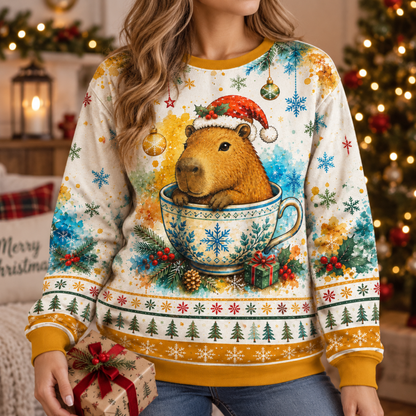 M2083-Christmas Capybara Tea Cup, Santa Hat Snowflake Cozy Winter Holiday Animal Design