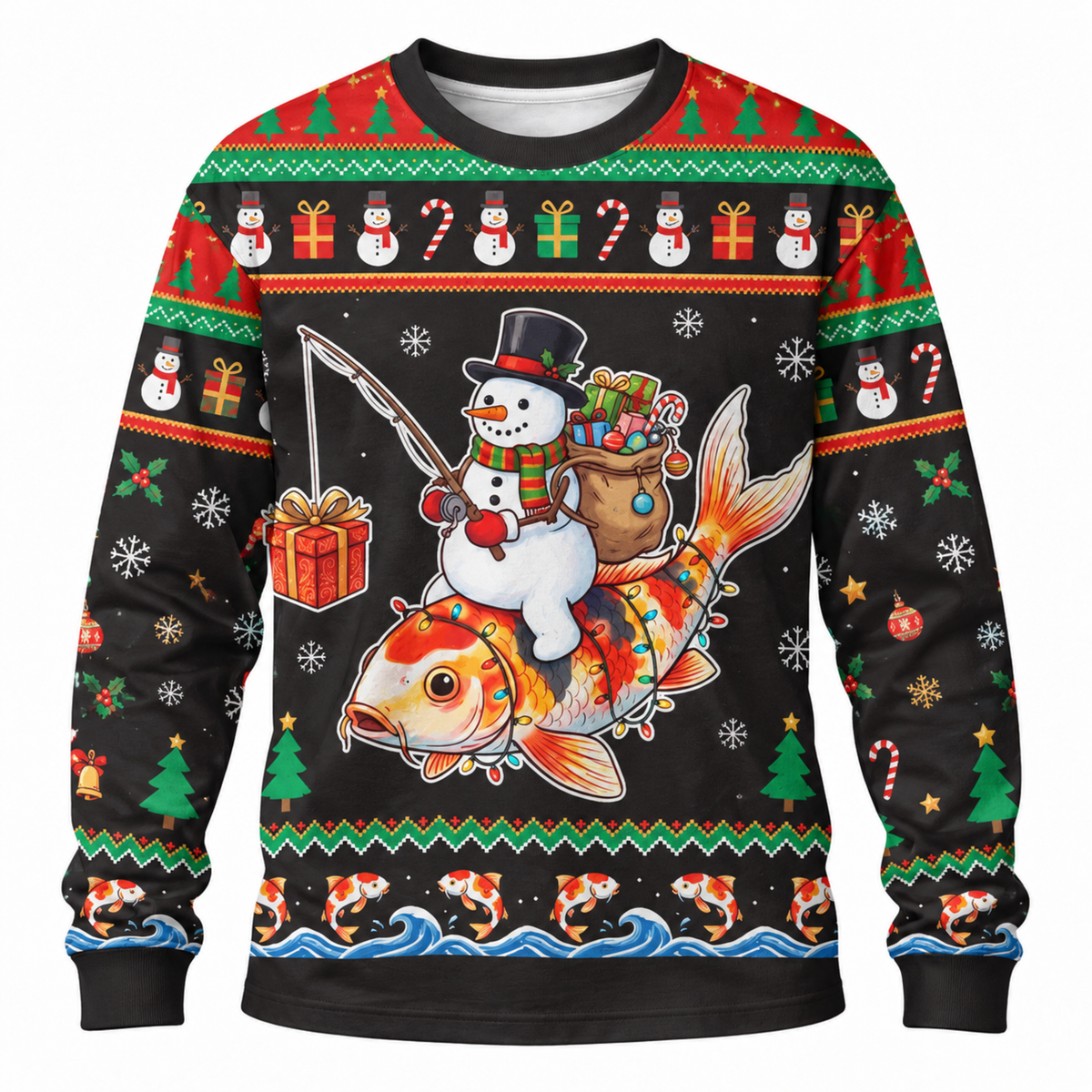 M2085-Christmas Snowman Koi Fish Collection, Funny Fishing Holiday Winter Festive Apparel