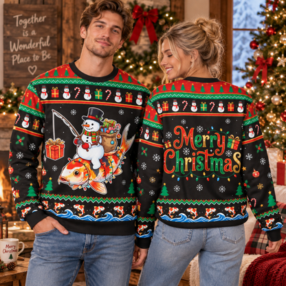 M2085-Christmas Snowman Koi Fish Collection, Funny Fishing Holiday Winter Festive Apparel