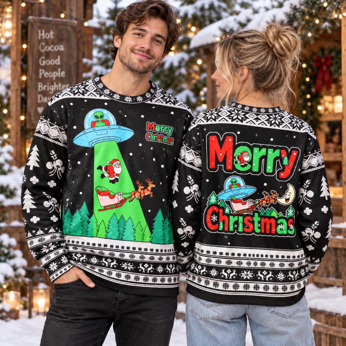 M2086-Alien Santa Christmas Collection, Funny UFO Abduction Reindeer Holiday Festive Apparel