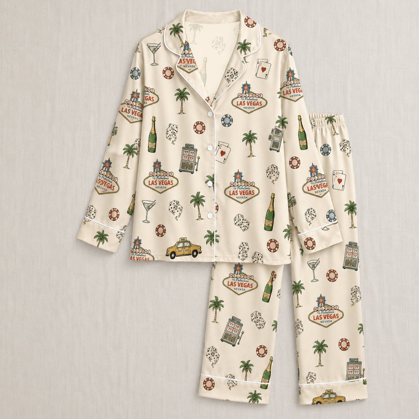 PJ-001-Cream Las Vegas Casino Satin Pajama Set, Ivory Graphic Bachelorette Loungewear Sleepwear Nightwear Collection FREE SHIPING
