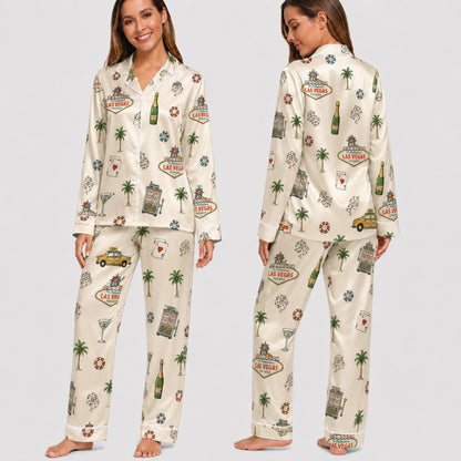 PJ-001-Cream Las Vegas Casino Satin Pajama Set, Ivory Graphic Bachelorette Loungewear Sleepwear Nightwear Collection FREE SHIPING