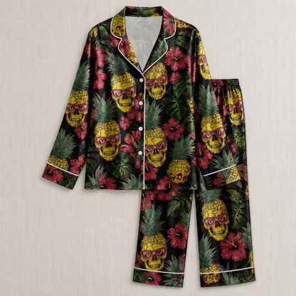 PJ-002-Minimalist Skull Art Satin Pajama Set, Patterned Pitch Tone Lounge Underwear Nightdress Coordinates Lounge FREE SHIPING