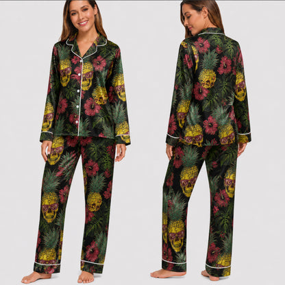 PJ-002-Minimalist Skull Art Satin Pajama Set, Patterned Pitch Tone Lounge Underwear Nightdress Coordinates Lounge FREE SHIPING