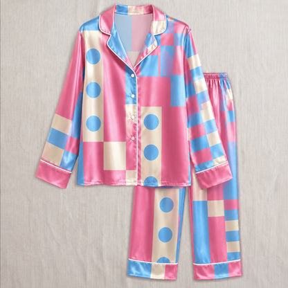PJ-003-Pink Blue Geometric Block Satin Pajama Set, Cream Graphic Polkadot Loungewear Sleepwear Nightwear FREE SHIPING