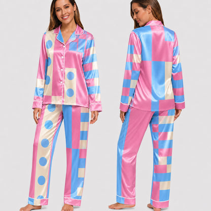 PJ-003-Pink Blue Geometric Block Satin Pajama Set, Cream Graphic Polkadot Loungewear Sleepwear Nightwear FREE SHIPING