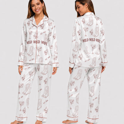 PJ-004-Cute Country Wedding Satin Pajama Set, Romantic Wine Graphic Print Homewear Pjs Set Lounging FREE SHIPING