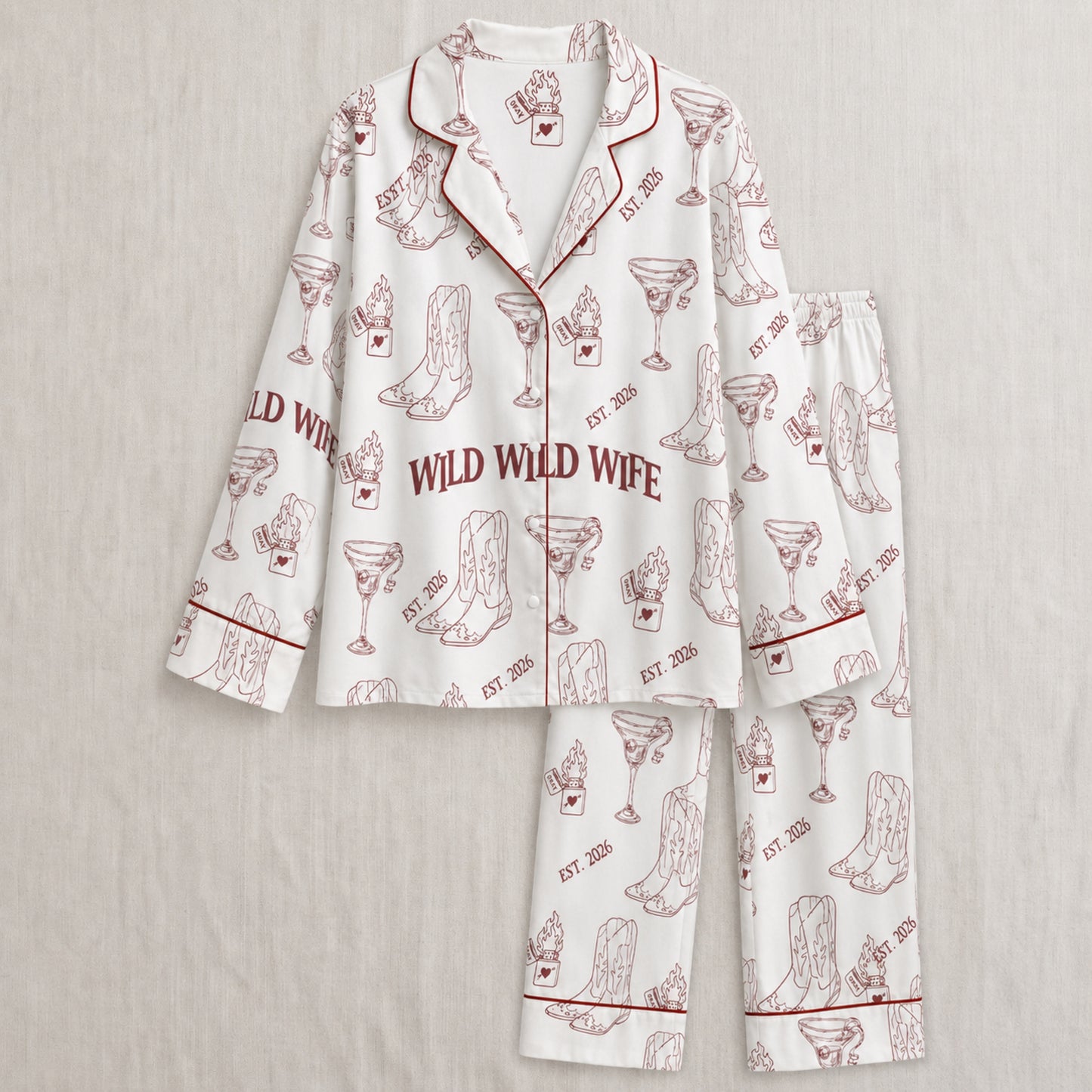 PJ-004-Cute Country Wedding Satin Pajama Set, Romantic Wine Graphic Print Homewear Pjs Set Lounging FREE SHIPING
