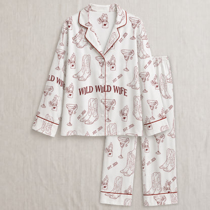 PJ-004-Cute Country Wedding Satin Pajama Set, Romantic Wine Graphic Print Homewear Pjs Set Lounging FREE SHIPING