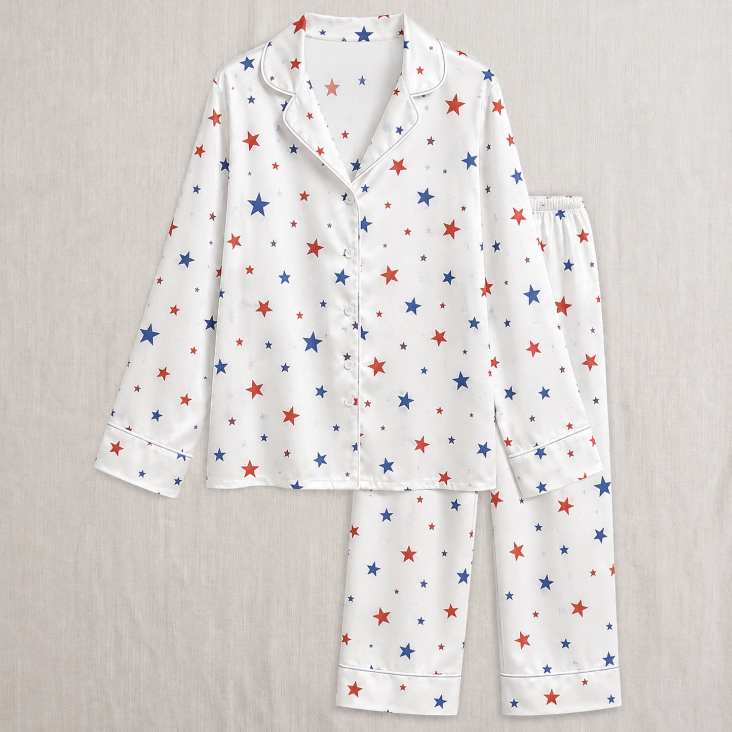 PJ-005-Patterned Constellation Premium Satin Pajama Set, Light Alabaster Short Sleeve Button Front Apparel Nightshirts FREE SHIPING