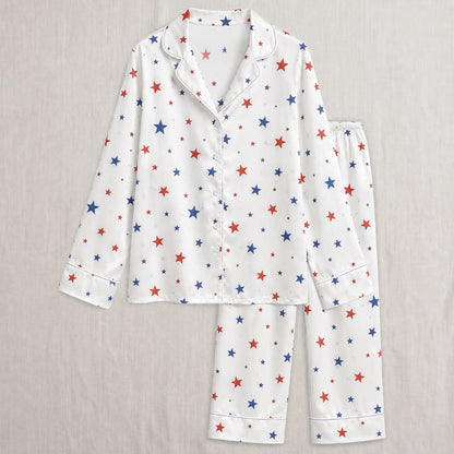PJ-005-Patterned Constellation Premium Satin Pajama Set, Light Alabaster Short Sleeve Button Front Apparel Nightshirts FREE SHIPING
