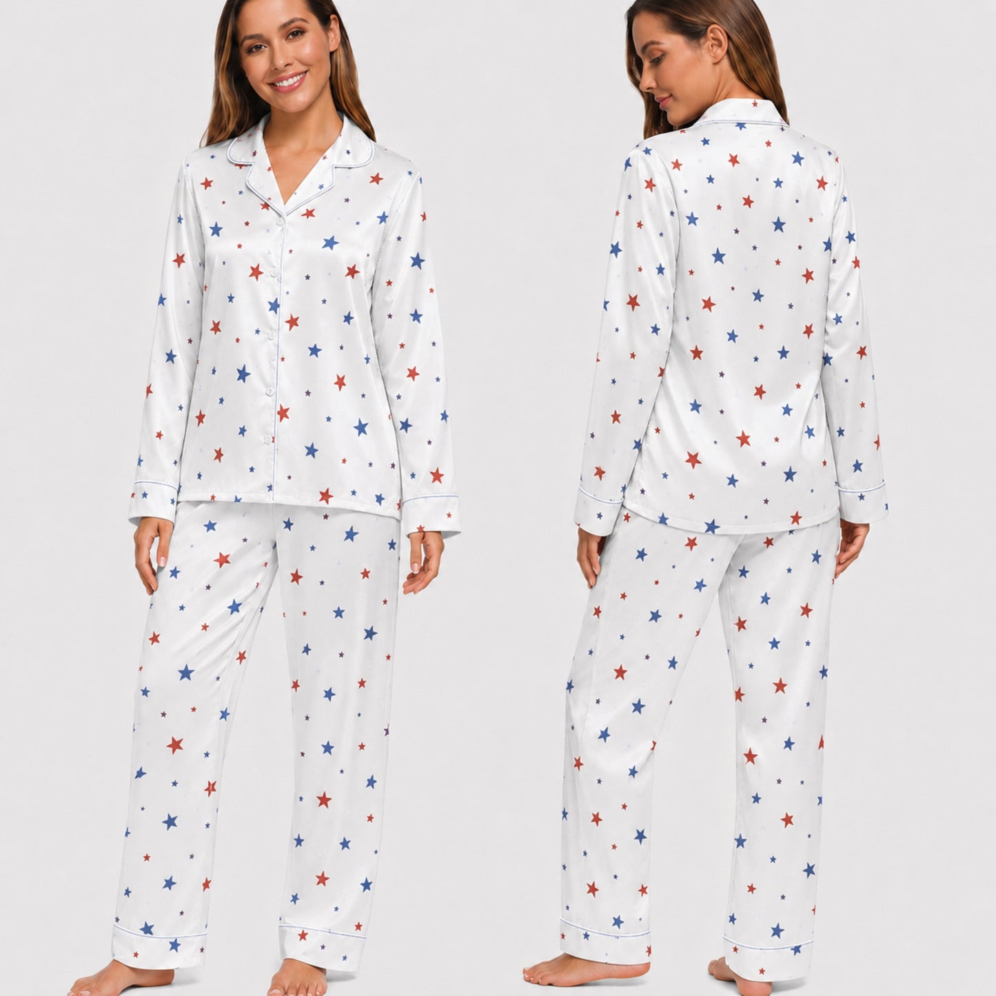 PJ-005-Patterned Constellation Premium Satin Pajama Set, Light Alabaster Short Sleeve Button Front Apparel Nightshirts FREE SHIPING