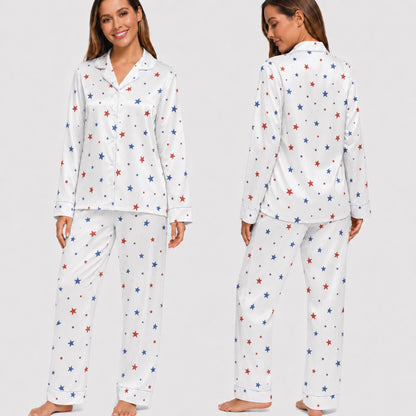PJ-005-Patterned Constellation Premium Satin Pajama Set, Light Alabaster Short Sleeve Button Front Apparel Nightshirts FREE SHIPING