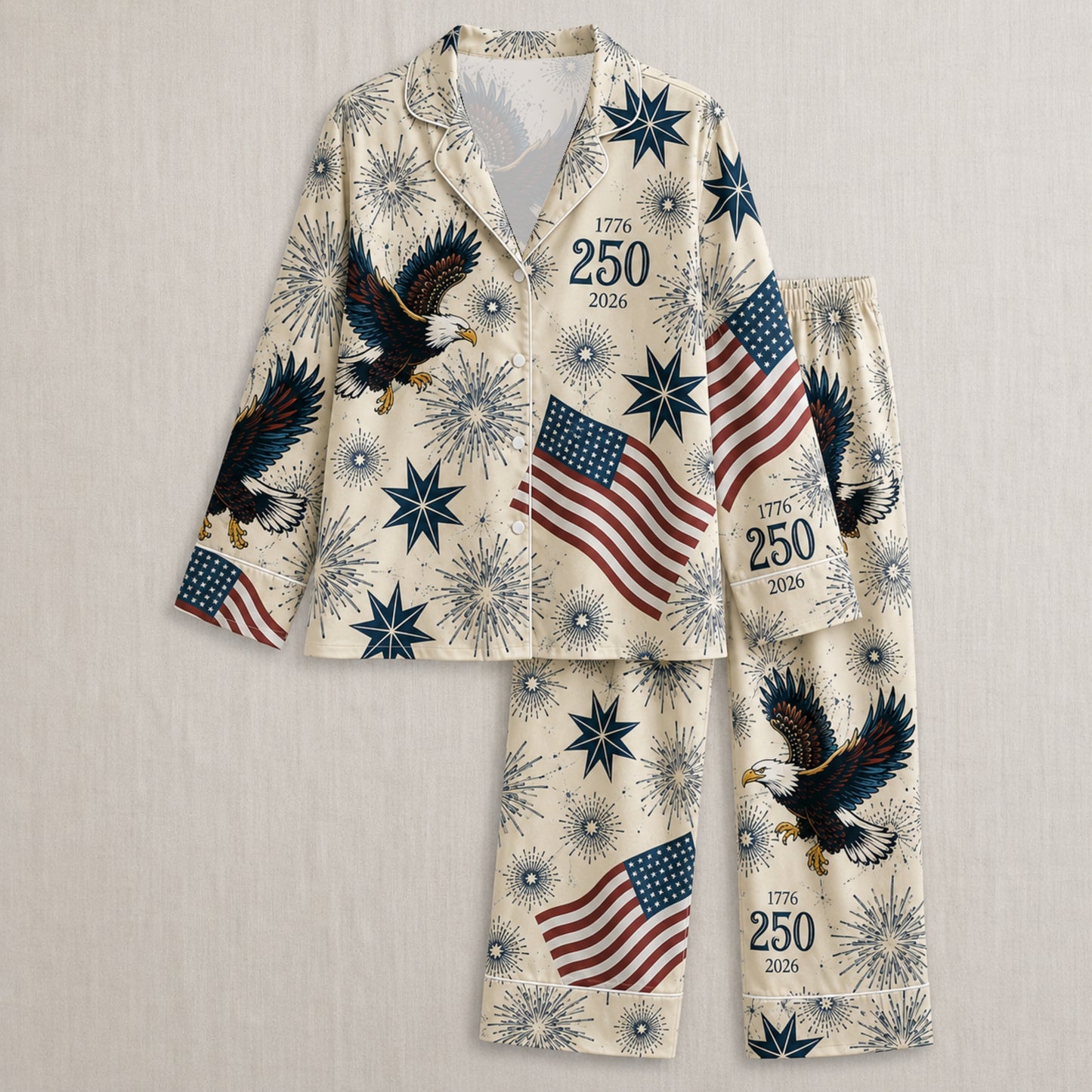 PJ-006-Repeating Independence Fireworks Printed Satin Pajama Set, Whimsical Jubilee Pastel Unisex Sleepwear Lounge Coordinates FREE SHIPING