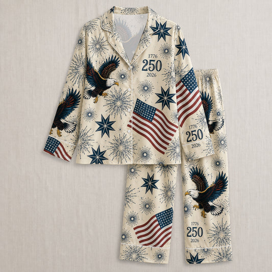 PJ-006-Repeating Independence Fireworks Printed Satin Pajama Set, Whimsical Jubilee Pastel Unisex Sleepwear Lounge Coordinates FREE SHIPING