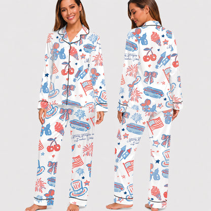 PJ-018-Satin Americana Black Piping Button Up Long/Short Pajama Set FREE SHIPING