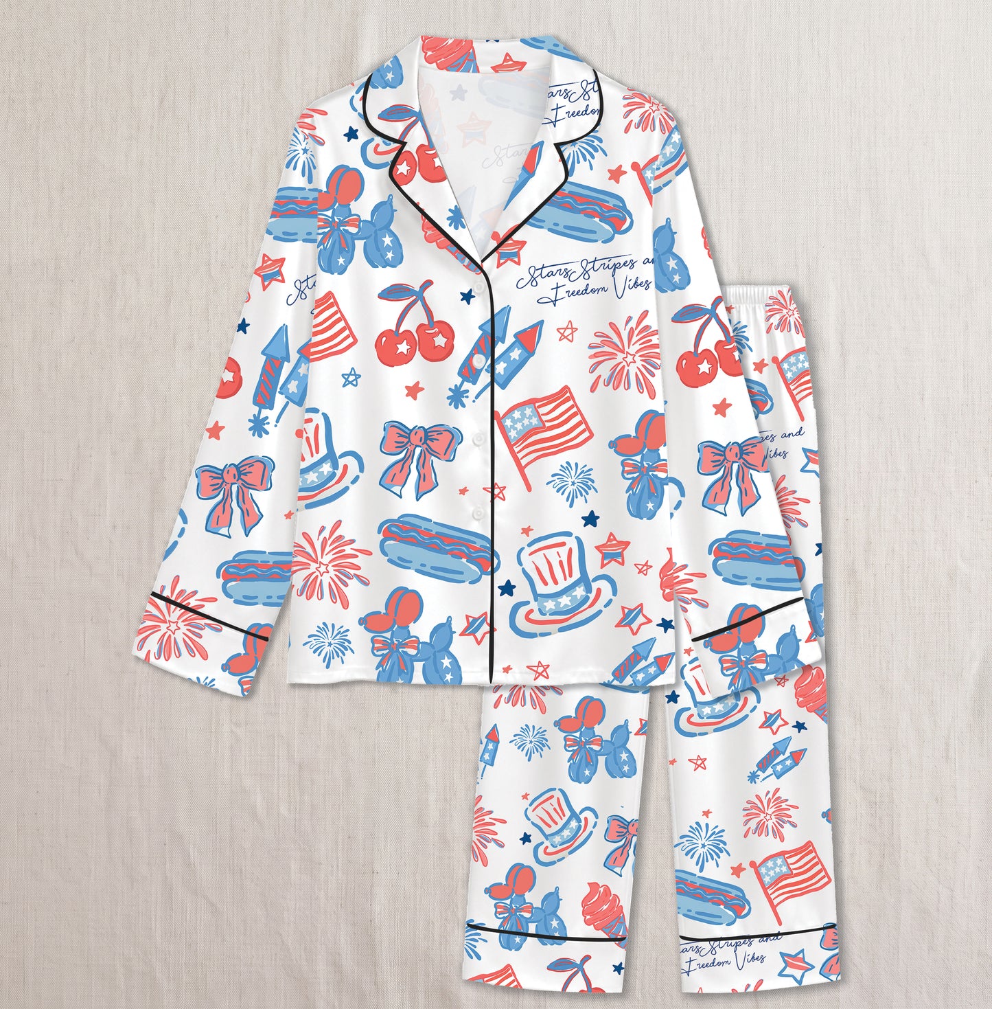 PJ-018-Satin Americana Black Piping Button Up Long/Short Pajama Set FREE SHIPING