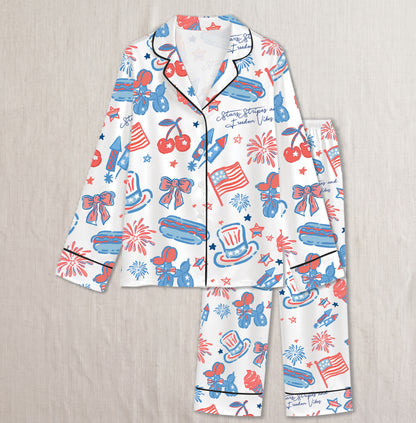 PJ-018-Satin Americana Black Piping Button Up Long/Short Pajama Set FREE SHIPING