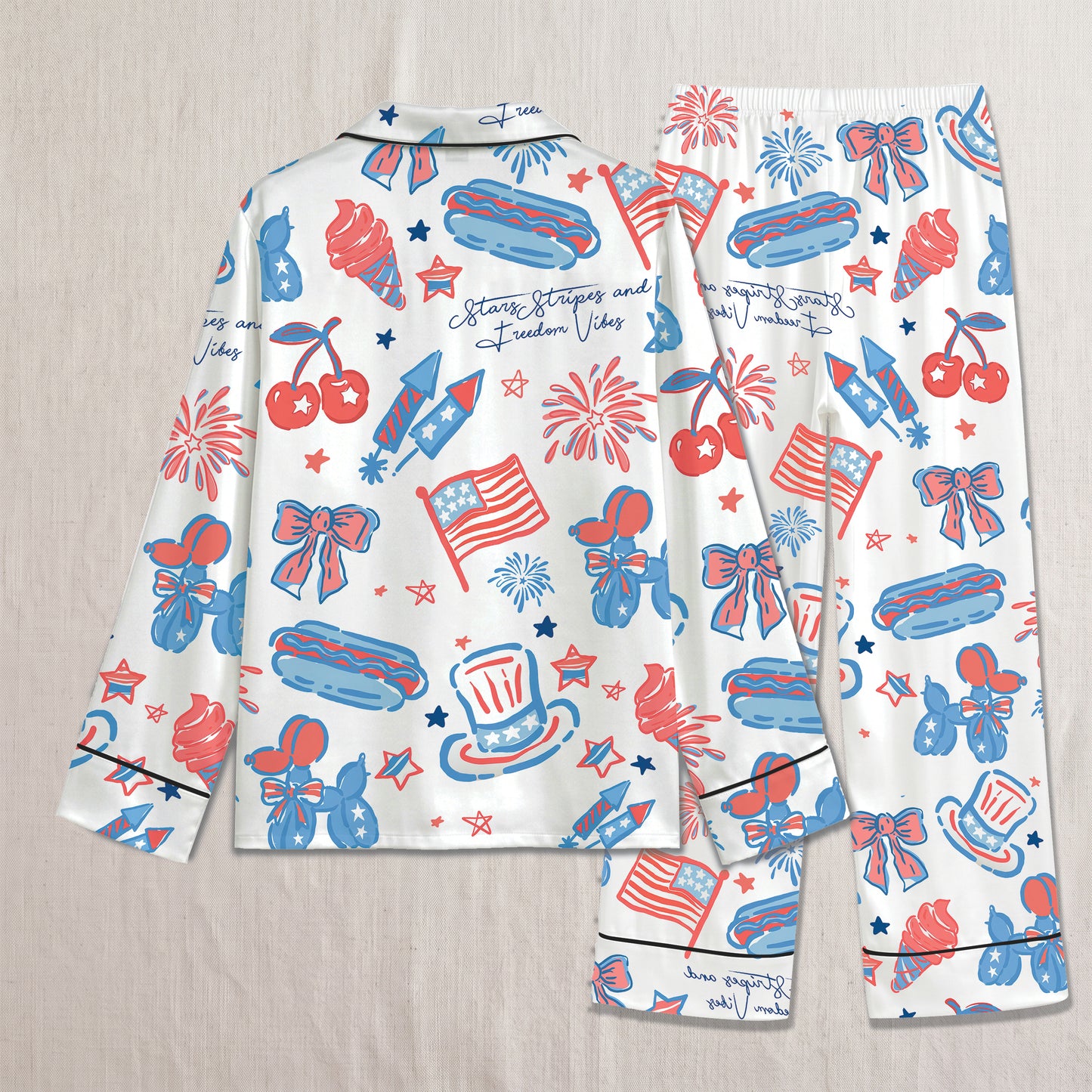 PJ-018-Satin Americana Black Piping Button Up Long/Short Pajama Set FREE SHIPING