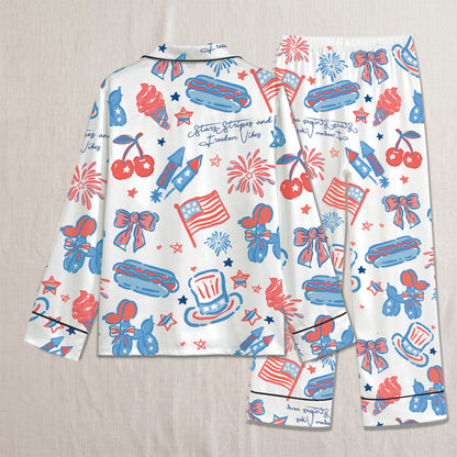 PJ-018-Satin Americana Black Piping Button Up Long/Short Pajama Set FREE SHIPING