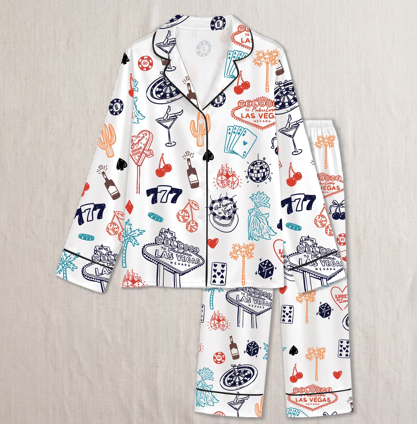 PJ-019-Satin Las Vegas Black Piping Button Up Long/Short Pajama Set FREE SHIPING