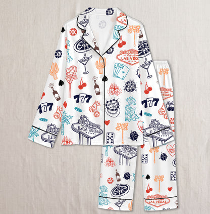 PJ-019-Satin Las Vegas Black Piping Button Up Long/Short Pajama Set FREE SHIPING