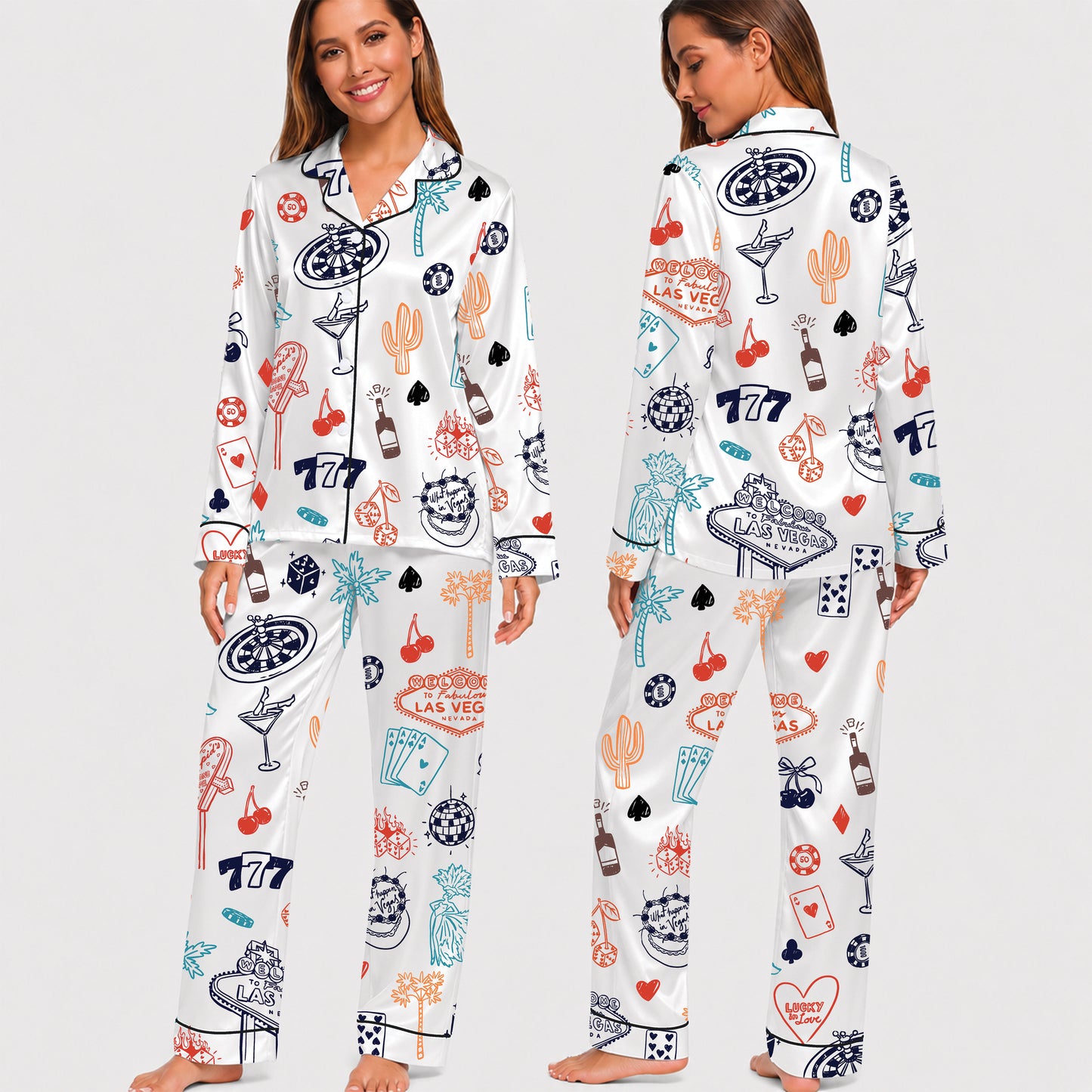 PJ-019-Satin Las Vegas Black Piping Button Up Long/Short Pajama Set FREE SHIPING
