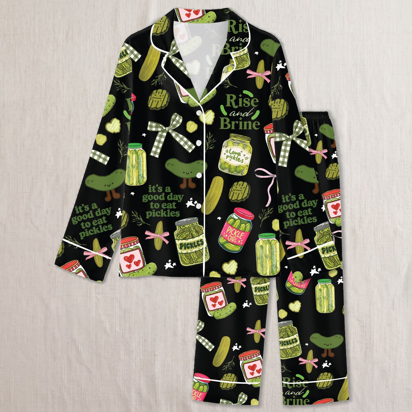 PJ-022-Satin Pickle Print Button Up Pajama Set FREE SHIPING