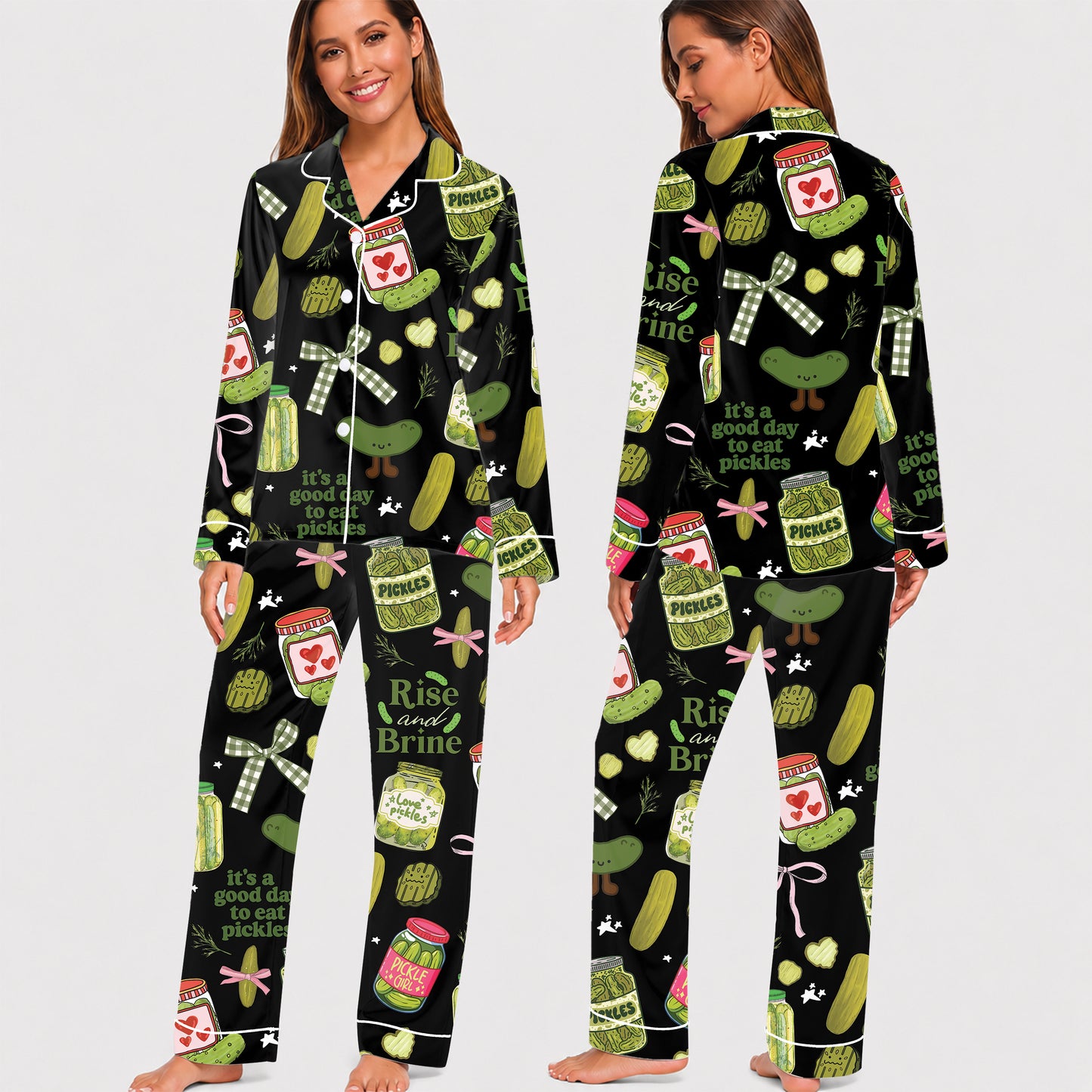 PJ-022-Satin Pickle Print Button Up Pajama Set FREE SHIPING