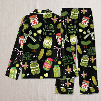 PJ-022-Satin Pickle Print Button Up Pajama Set FREE SHIPING