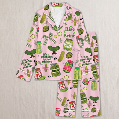 PJ-022-Satin Pickle Print Button Up Pajama Set FREE SHIPING