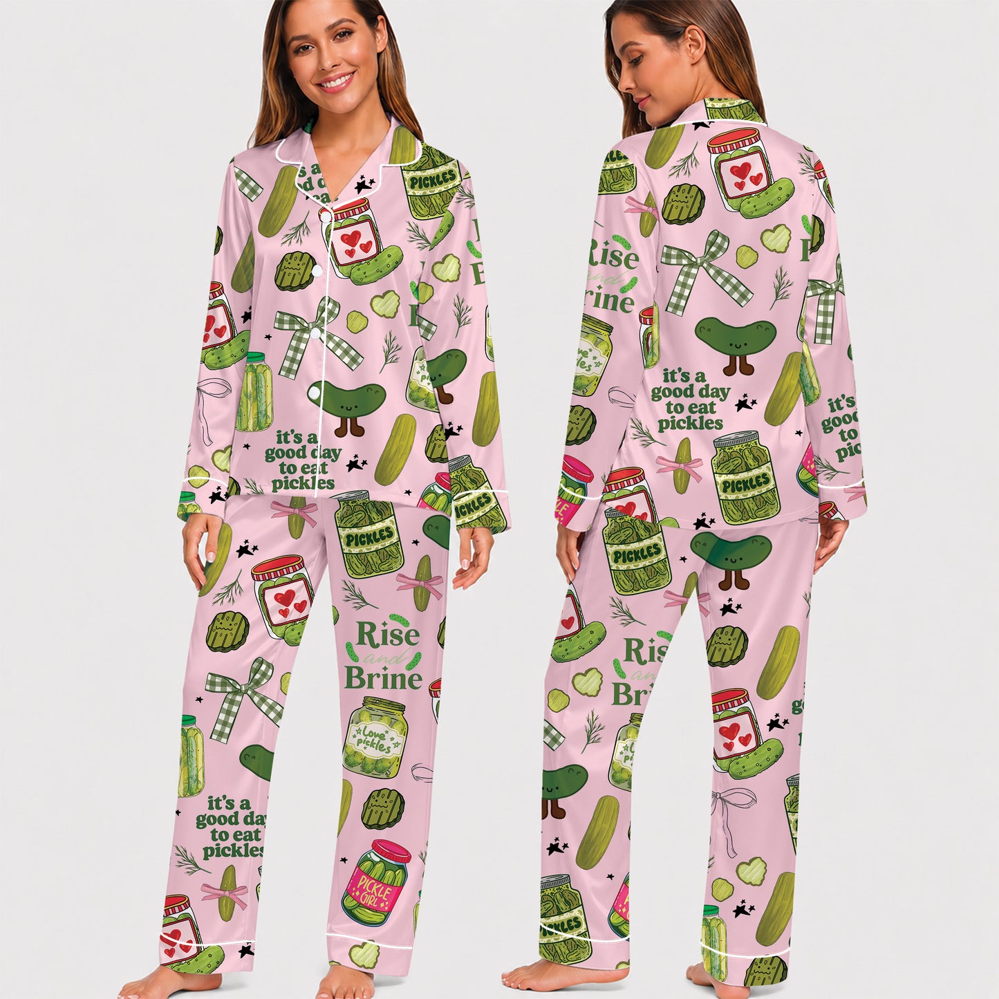 PJ-022-Satin Pickle Print Button Up Pajama Set FREE SHIPING