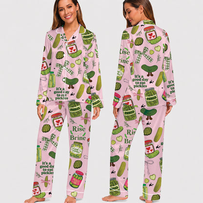 PJ-022-Satin Pickle Print Button Up Pajama Set FREE SHIPING