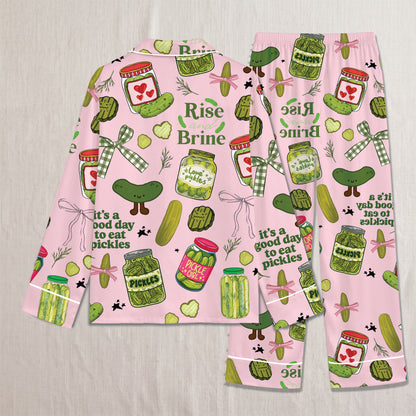 PJ-022-Satin Pickle Print Button Up Pajama Set FREE SHIPING