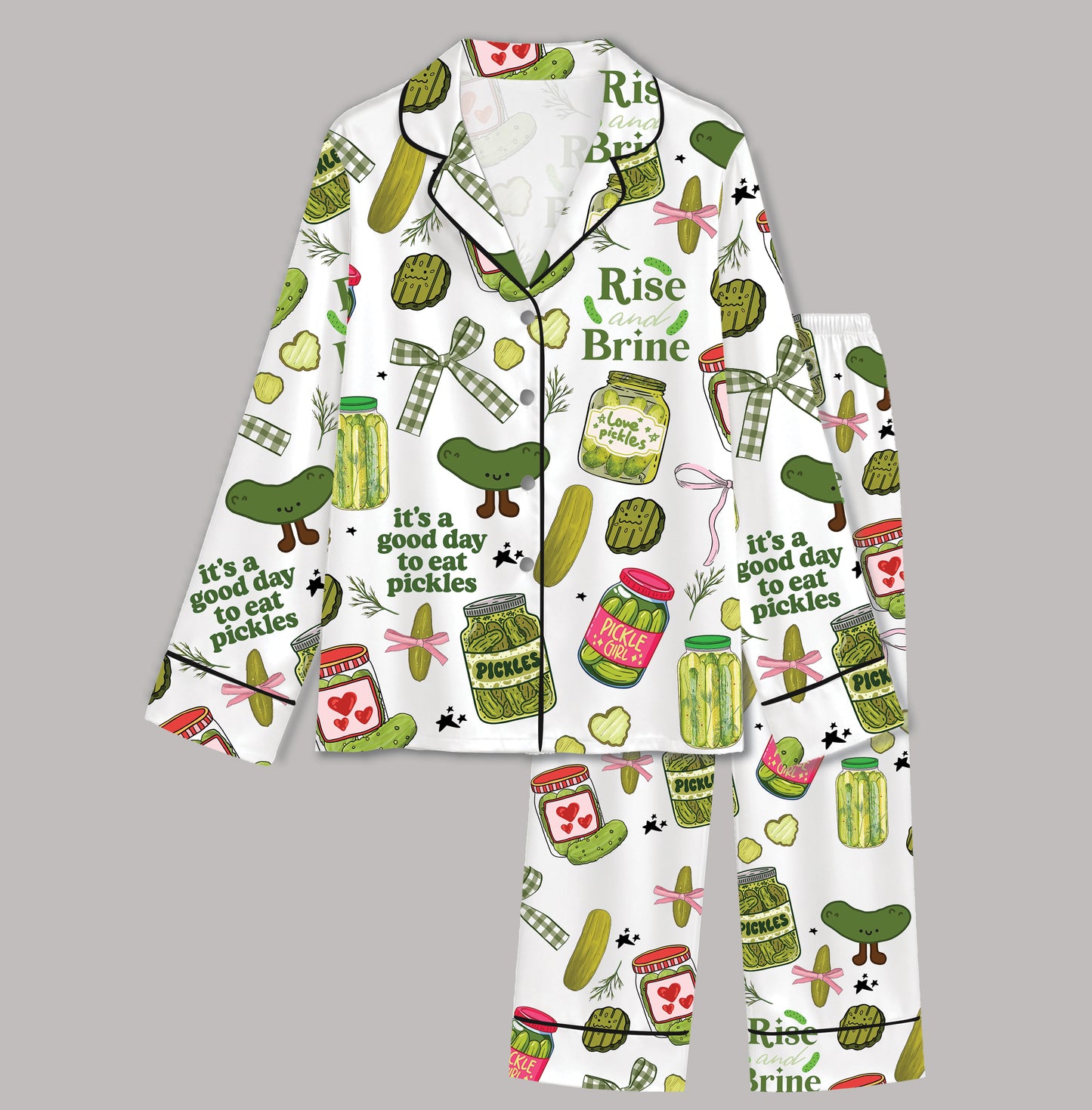 PJ-022-Satin Pickle Print Button Up Pajama Set FREE SHIPING