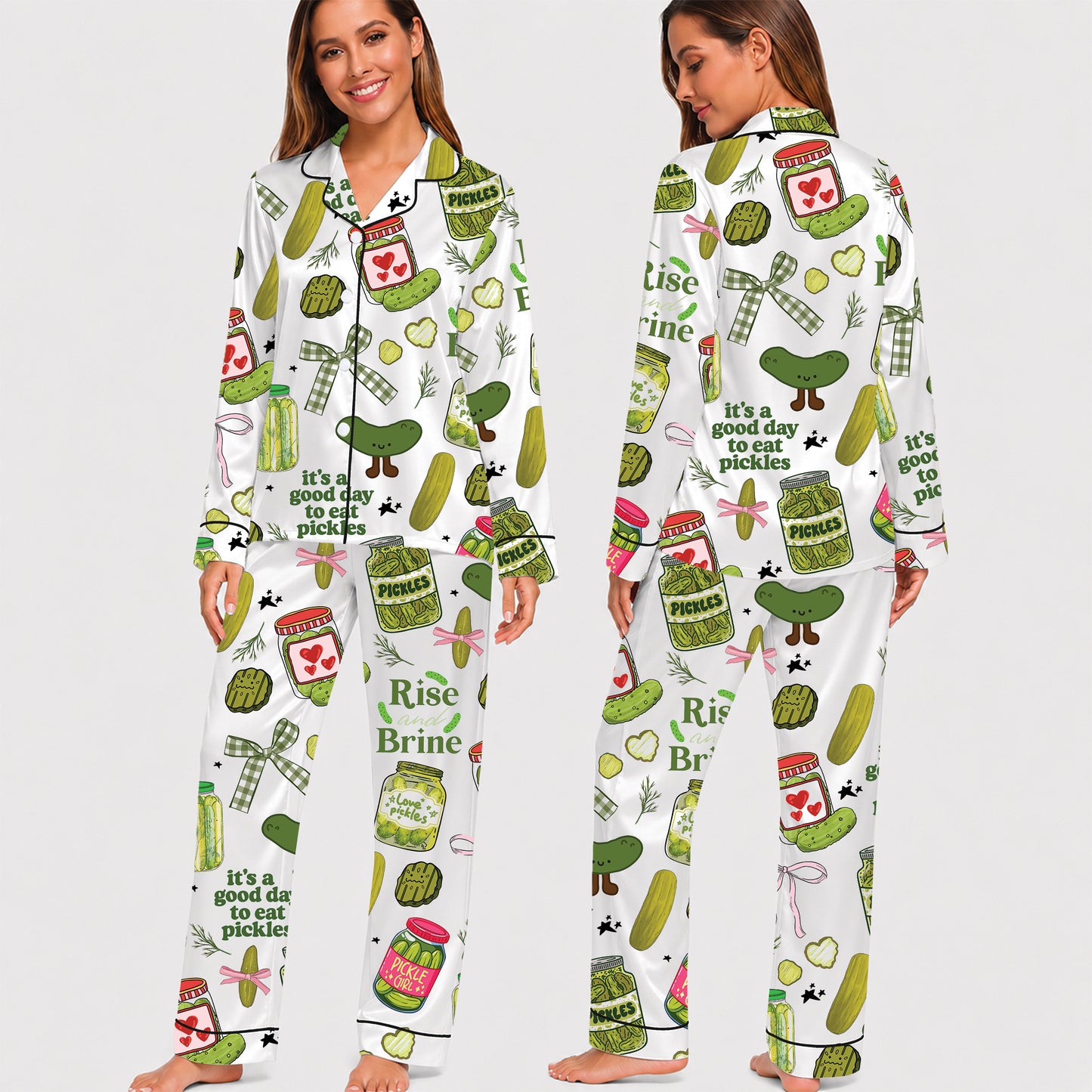 PJ-022-Satin Pickle Print Button Up Pajama Set FREE SHIPING
